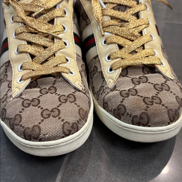 Gucci Beige and Gold Monogram Sneakers - Picture 3 of 17